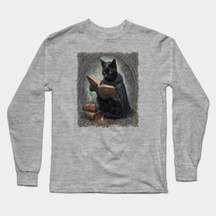 A Black Cat Wearing A Cloak Studying Halloween Spells Long Sleeve T-Shirt